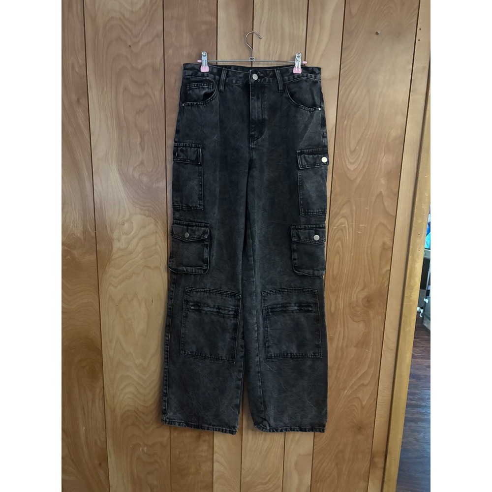 Fashion Nova Washed Black Cargo Jeans Wide Leg Utility Pants Size 11